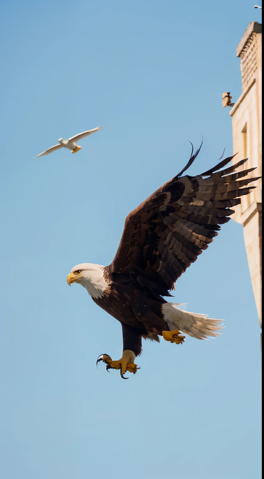 A striking image of a majestic eagle soaring high above. Suas asas abertas capturam a luz do sol, and she hangs gracefully against a clear blue sky. The eagle's confident expression suggests freedom, strength and the feeling of overcoming.