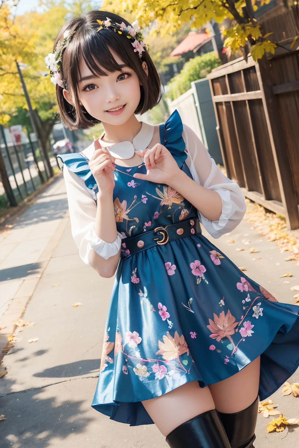 Stand in front of the photo、1girl in,Full body,a short bob,long boots,Open mouth and big smile、kawaii pose、Flowing iridescent silk、up of face、Eye Up、Colorcon with heart pattern、Floral dress、There are flowers even in front of you、petal leaves and dragonfly、season!!:autumnal☀ 🍂