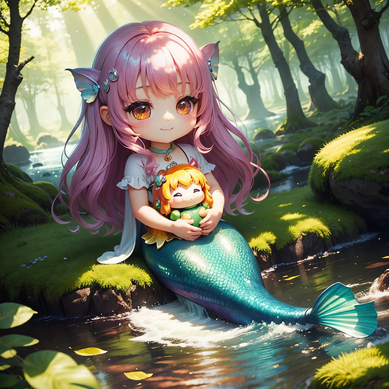 ​masterpiece、top-quality、ultra-detailliert、(Chibi Chara:4 1.2)、Rainbow Mermaid、fairy tale forest lake、A smile、Dazzling sunlight filtering through the trees