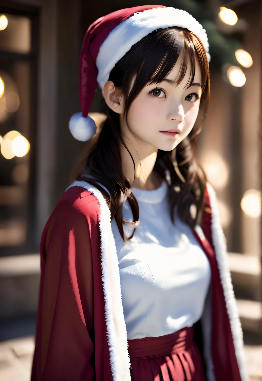 8K, of the highest quality, masutepiece:1.2), (Realistic, Photorealsitic:1.37), of the highest quality, masutepiece, Beautiful young woman, Pensive expression,、A charming、and an inviting look, cute santa clothes, Hair tied back, Cinematic background, Light skin tone、Christmas