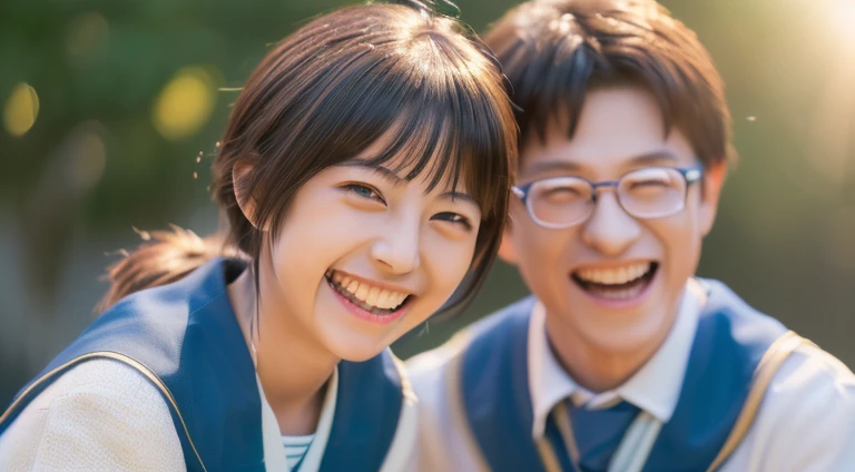 (RAW photo:1.5), (masterpiece:1.6, best quality:1.6), (8k photo), (photon mapping:1.6), (photorealistic:1.8), (detailed face:1.5), (1 Japanese school girl and 1 Japanese school boy:1.5), (they are talking with laughing:1.5),(simple school uniform:1.7), (simple background), (18 years old),