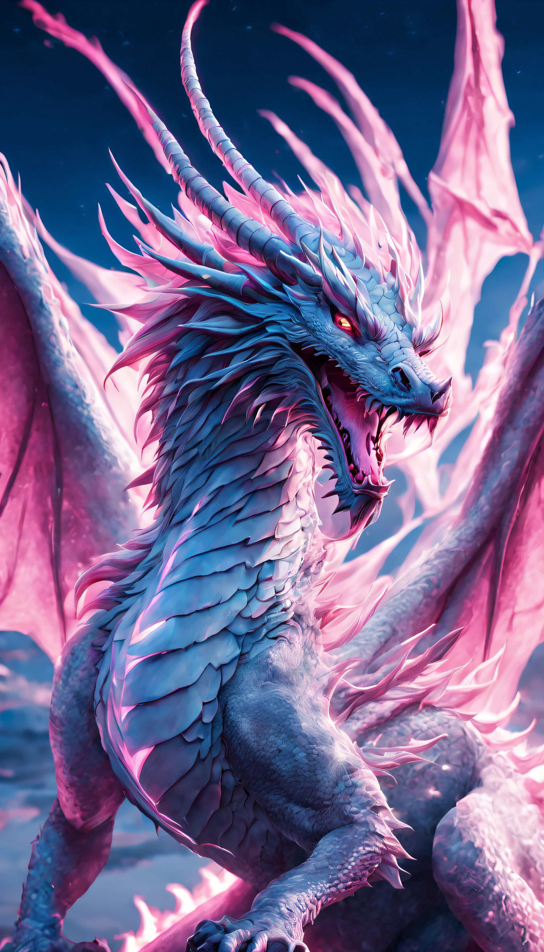 A white dragon with pink details, Asas Abertas, focus on the entire body and pink flames coming out of your mouth towards the glow, clear blue sky, chamas e fogo rosa