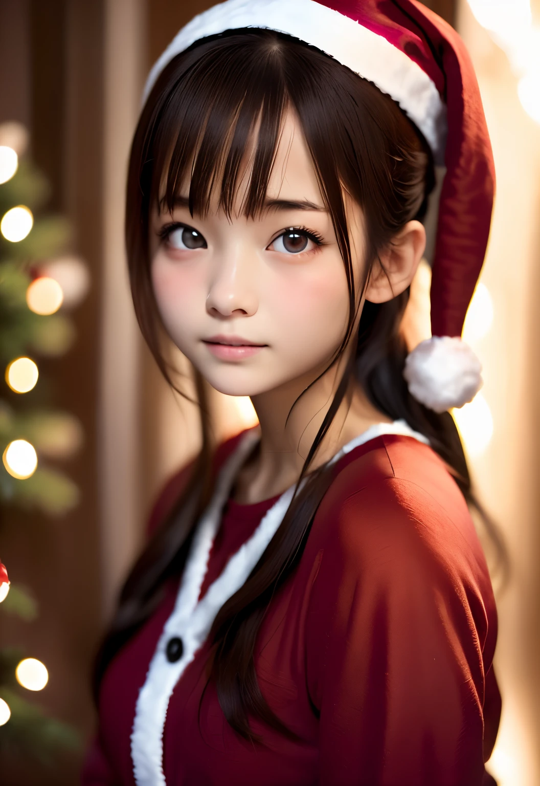 8K, of the highest quality, masutepiece:1.2), (Realistic, Photorealsitic:1.37), of the highest quality, masutepiece, Beautiful young woman, Pensive expression,、A charming、and an inviting look, cute santa clothes, Hair tied back, Cinematic background, Light skin tone、Christmas