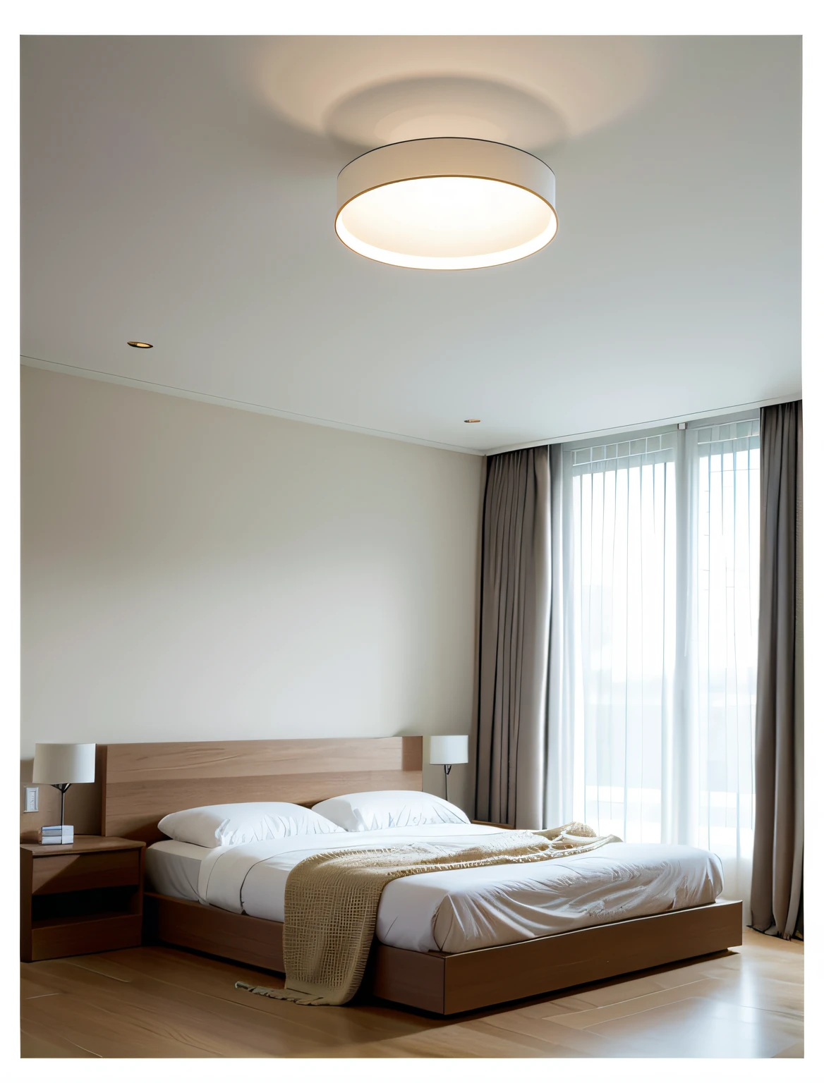 French-German bedroom with bed and large window with curtains, ceilings, beautiful smooth soft light, minimalist lighting, light lighting side view, neutral flat lighting, natural light in the room, Top ambient lighting, dramatic ambient light, The interior lighting soft, Beautiful natural soft edge light, Beautiful ambient light, rounded ceiling, The interior lighting soft, room lighting