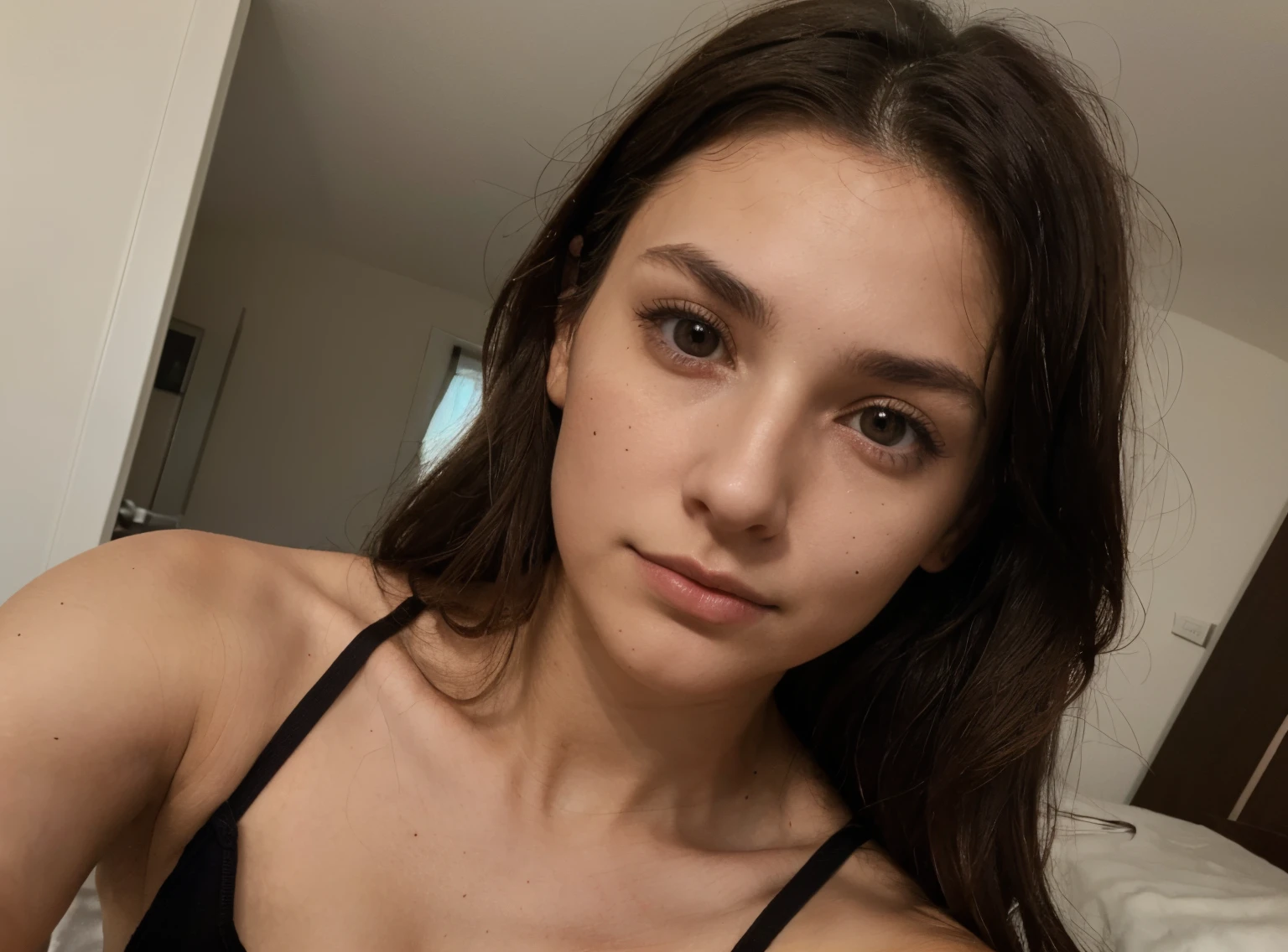 23 year old girl, charlotte sartre (brown, small nose, visible jawline, small cheekbones, big dark eyes) upper body selfie (from hand) in tight croptop, no bra under