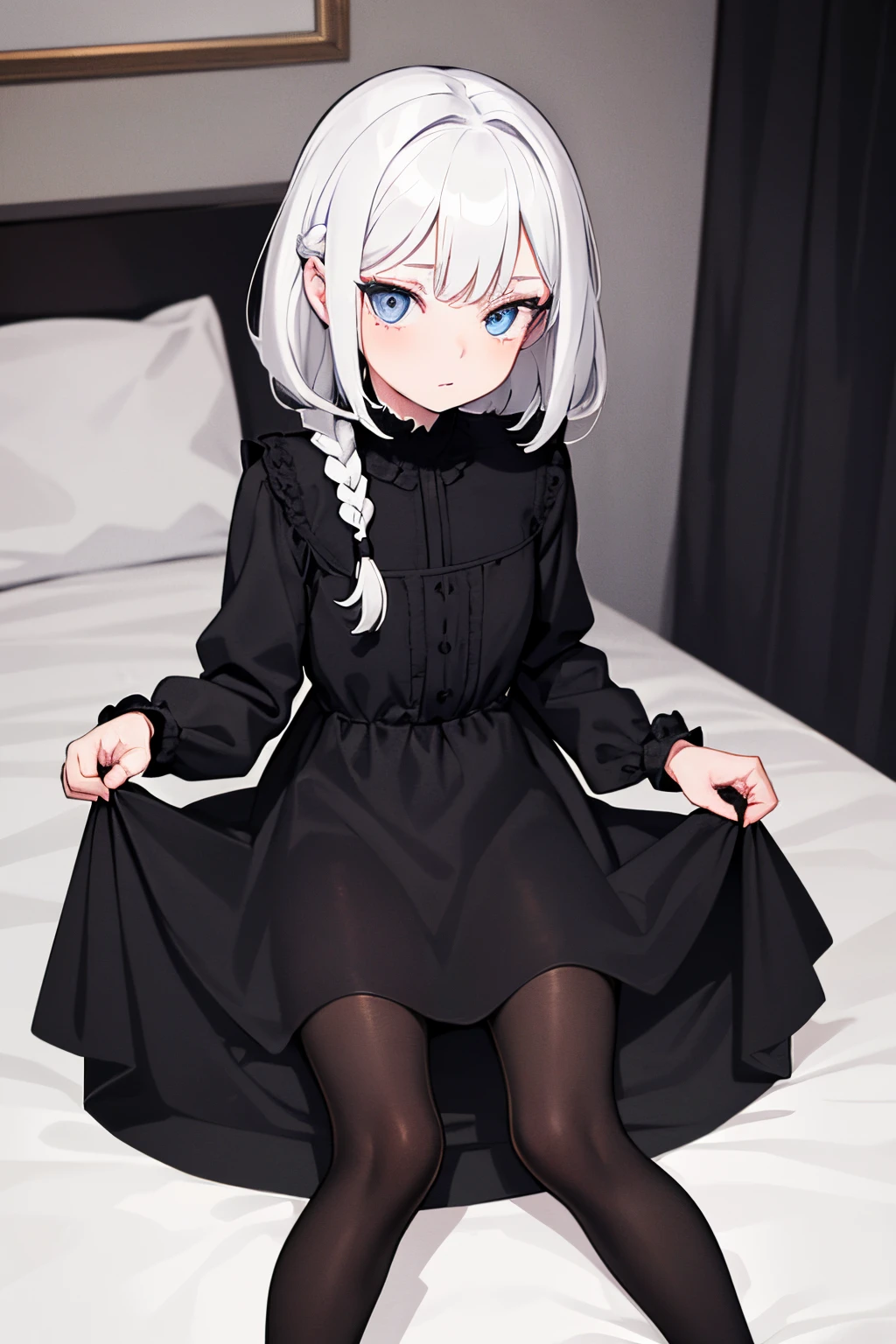 a drawing of a young girl in a black dress is posing beside an empty bed, 1girl, solo, pantyhose, dress, black dress, indoors, skirt hold, black pantyhose, white hair, short hair, long sleeves, blue eyes, braid, looking at viewer