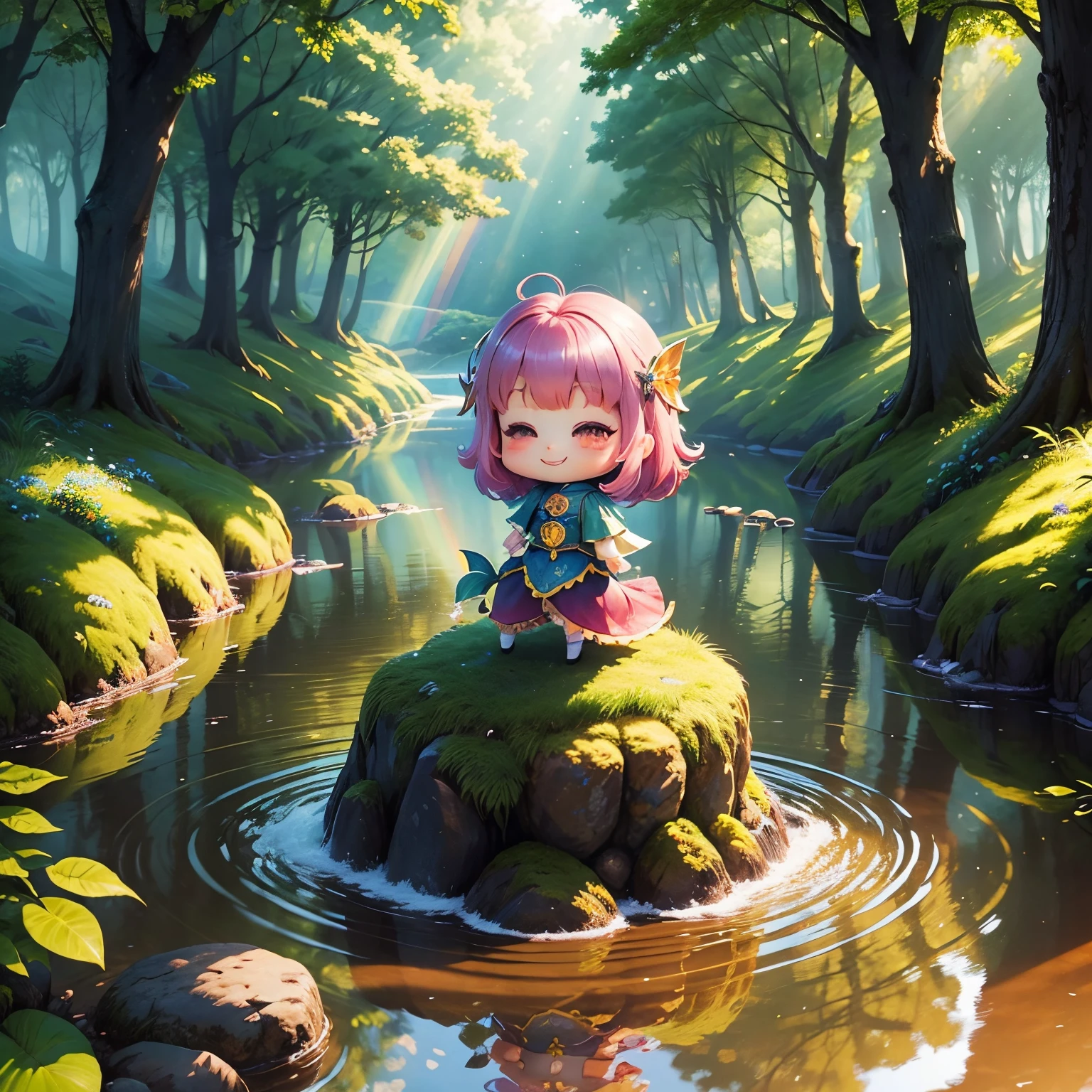 ​masterpiece、top-quality、ultra-detailliert、(Chibi Chara:4 1.2)、Rainbow Mermaid、fairy tale forest lake、A smile、Dazzling sunlight filtering through the trees