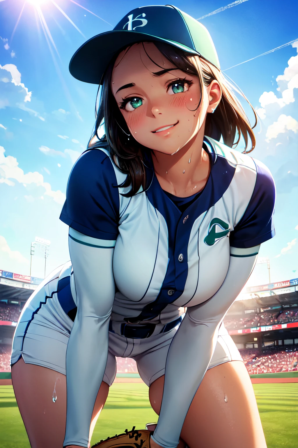 (High quality, High resolution, Fine details), Realistic, (baseball uniform), focused gaze, green baseball field, blue sky and white clouds, sunlight casting shadows, rays of sunlight illuminating the scene, illuminated action shot, professional sports photography, solo, curvy women, sparkling eyes, (Detailed eyes), smile, blush, (Sweat), Oily skin, shallow depth of field