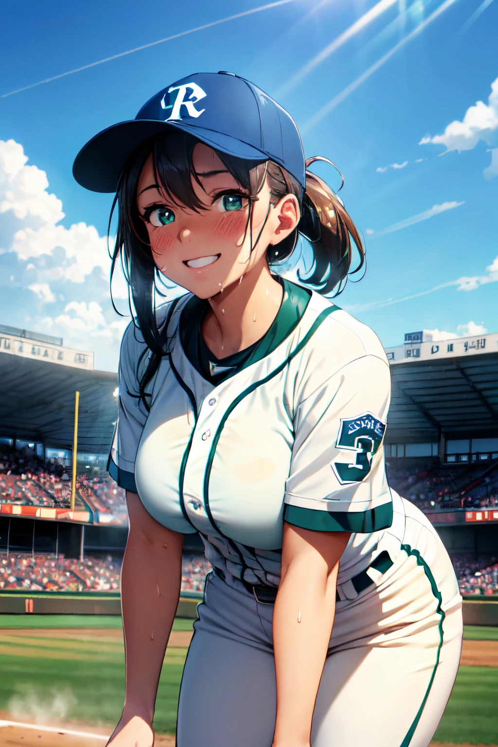 (High quality, High resolution, Fine details), (baseball uniform), focused gaze, green baseball field, blue sky and white clouds, sunlight casting shadows, rays of sunlight illuminating the scene, illuminated action shot, professional sports photography, solo, curvy women, sparkling eyes, (Detailed eyes), smile, blush, (Sweat), Oily skin, shallow depth of field