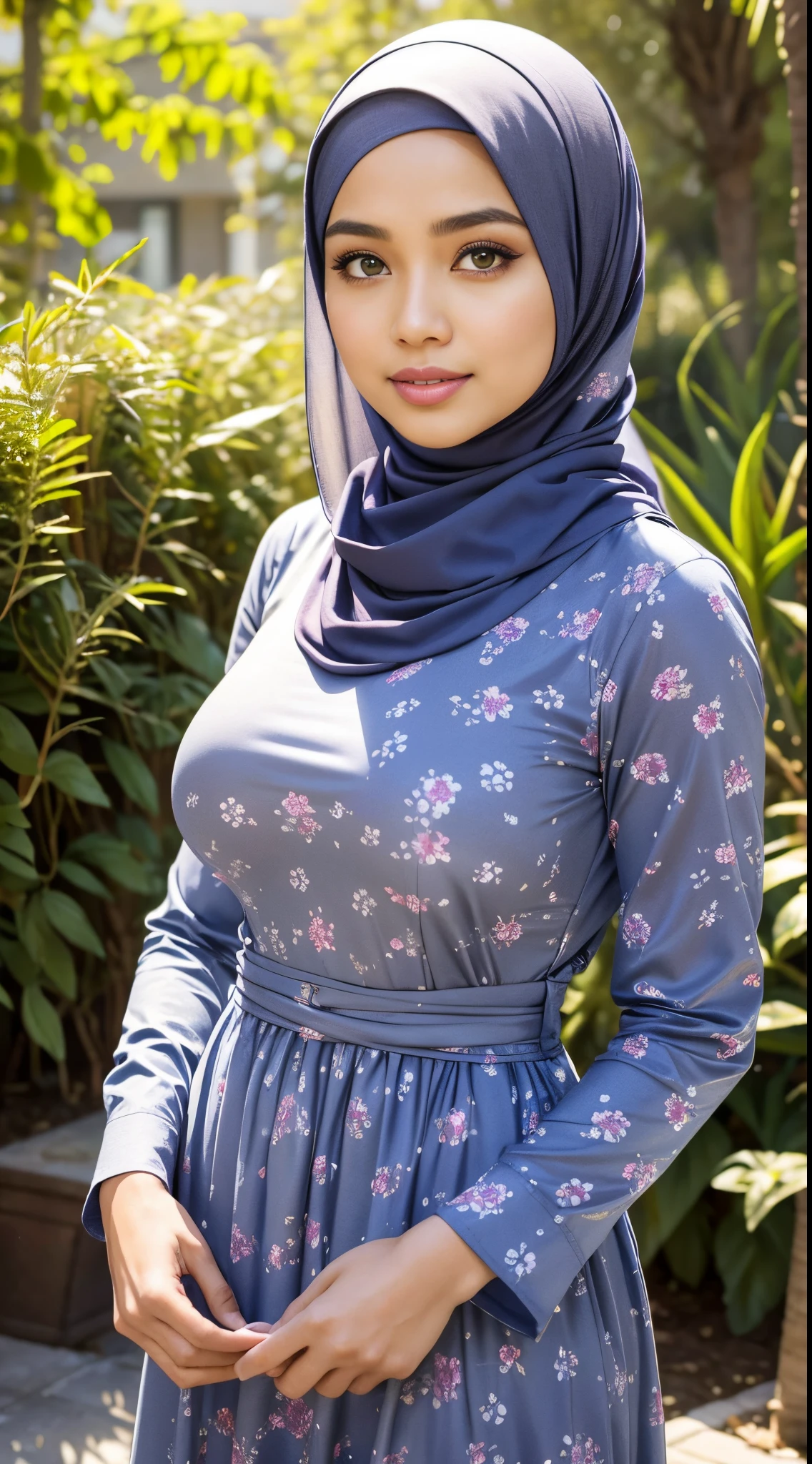 RAW, Best quality, high resolution, masterpiece: 1.3), beautiful Malay woman in hijab,Masterpiece, perfect slim fit body, (Huge breasts), big gorgeous eyes, Soft smile, Delicate turtleneck print sun dress, necklace, shairband, afternoon walk, City garden, Excellent lighting, Bright colors, Clean lines