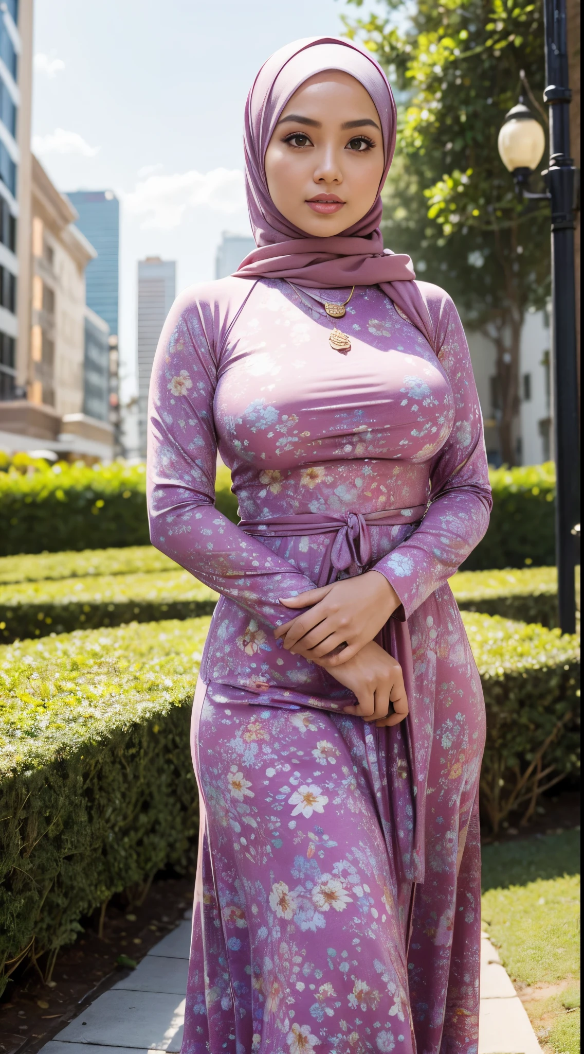 RAW, Best quality, high resolution, masterpiece: 1.3), beautiful Malay woman in hijab,Masterpiece, perfect slim fit body, (Huge breasts), big gorgeous eyes, Soft smile, Delicate turtleneck print sun dress, necklace, shairband, afternoon walk, City garden, Excellent lighting, Bright colors, Clean lines