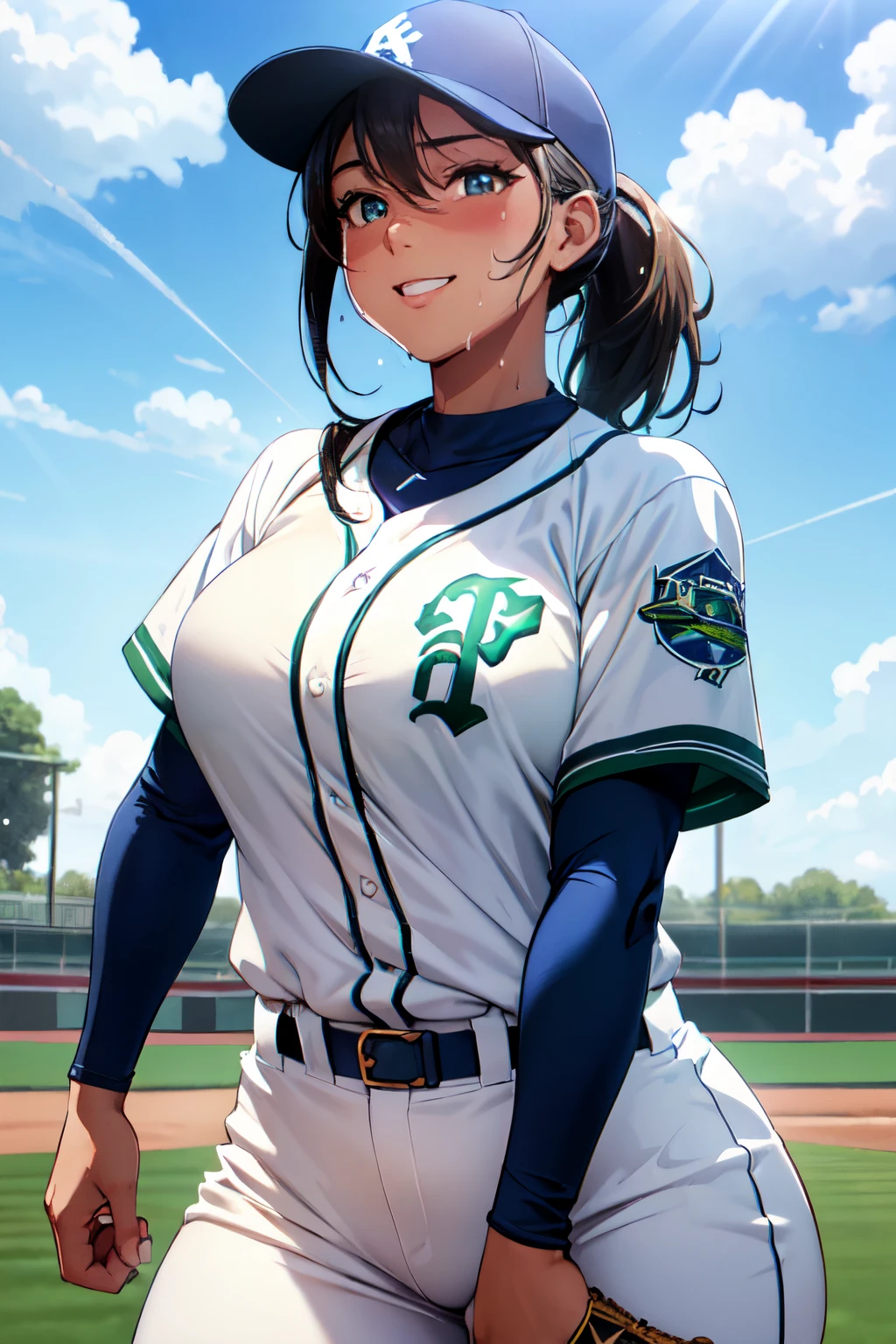 (High quality, High resolution, Fine details), (baseball uniform), focused gaze, green baseball field, blue sky and white clouds, sunlight casting shadows, rays of sunlight illuminating the scene, illuminated action shot, professional sports photography, solo, curvy women, sparkling eyes, (Detailed eyes), smile, blush, (Sweat), Oily skin, shallow depth of field