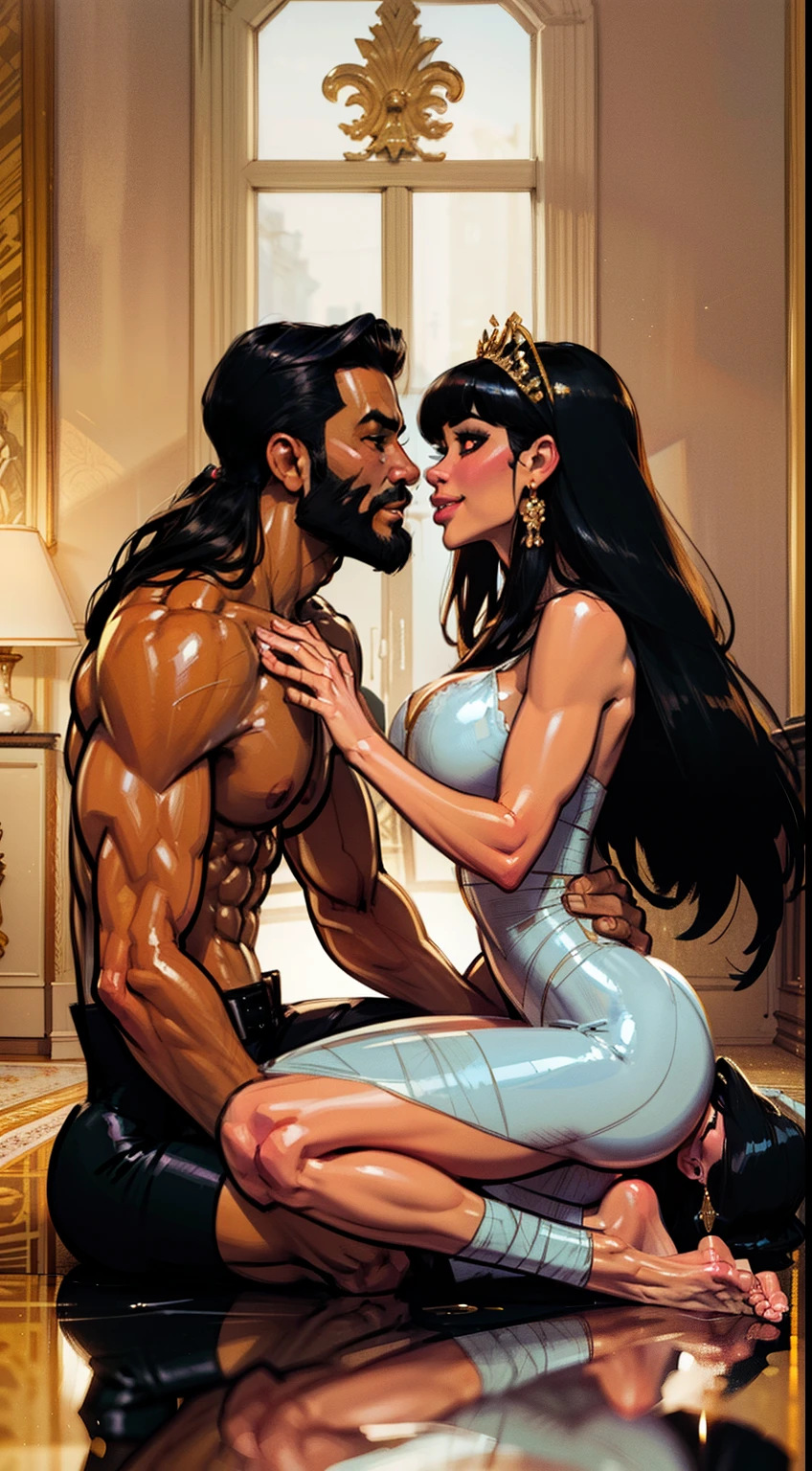 (masterpieces)), best quality, outstanding illustration, a couple kissing, soft focus, 1 latino man with long black hair and beard, RED EYES, 1 girl , Female mummy, gorgeous face, full body, Cleopatra, all bandaged, large breasts, generous neckline, mischievous smile, egypt romanticism, opulent and exquisite atmosphere, soft light and warm lighting.