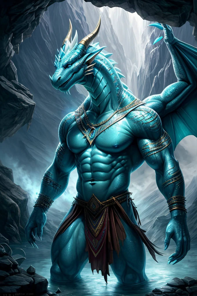 photografic, (Cool Posing:1.1025), , ultra-realistic shading, anthro, light blue ,glass, dragon, Photorealistic, Nude, considerable, (Rembrandt:1.1025), Huge pectoral muscles, tribal, warrior, Biceps, (loincloth:1.05), Tiny waist, A subtle detail, NSFW, in a swamp, white belly, tail,(realisitic:1.5), (photorealestic:1.2), more detailed, rendered, Glass Dragon, light blue, beutiful , powerfull, sparkling with crystals, diamond claws, horns decorated with crystals, diffused lighting, Mystical Illumination, magic fog, stands on a mountain , Dynamic poses, profile, sinuous, elegent, (Dynamic background), very detailled, elegent, Sharp focus, photo by Greg Rutkowski, soft-lighting, Bright color, IvoryGoldAI (Battlefield:1.2