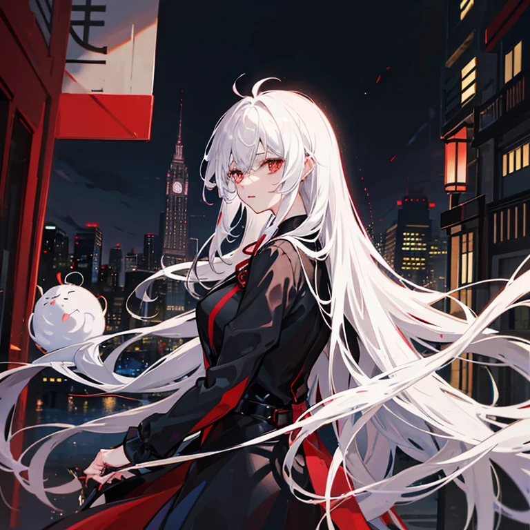 Masterpiece, red eyes, 1girl, white hair, Bungou Stray Dogs, Mafia, Black Clothes, Cold, Authoritative Under the rain, City at night, Osamu Dazai