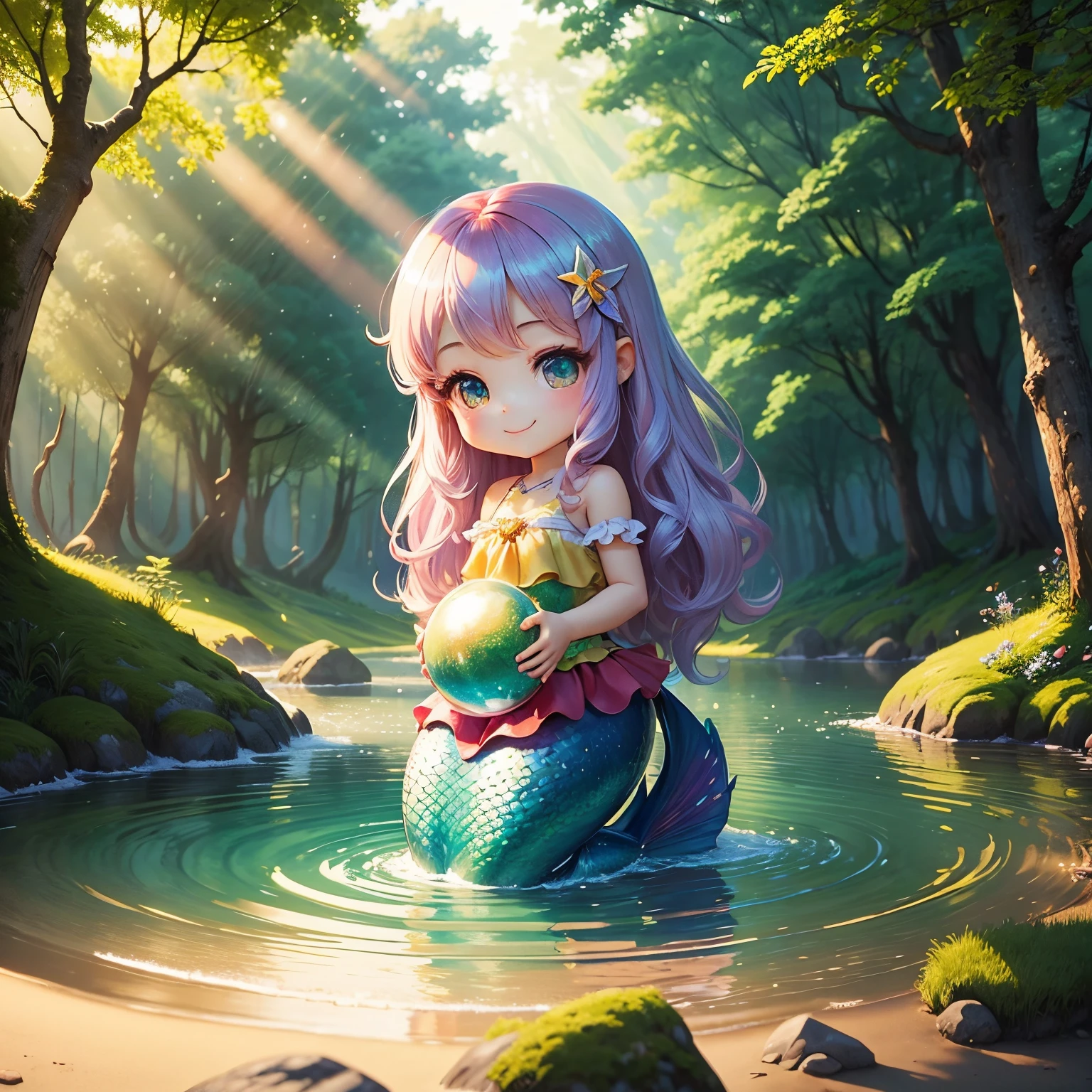 A crying maiden, red hair, sad, upper body in scaly clothing, shabby green skirt, barefoot, gold bracelet anklet, soaked with water droplets, soft light, background forest paste, HD, Disney style, perfect fingers and toes,