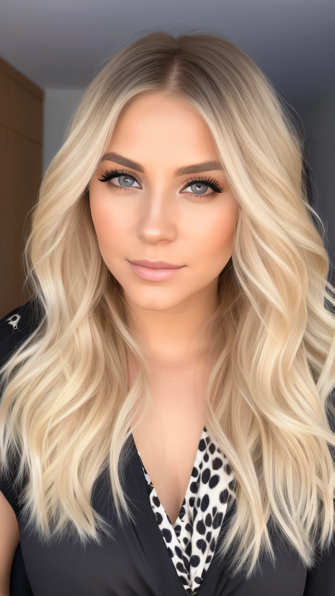 a woman with blonde hair and a black top  posing for a picture, long blonde hair and large eyes, blonde hair and large eyes, headshot profile picture, brunette with dyed blonde hair, professional picture, long wavy blonde hair, kailee mandel, close up of a blonde woman, inspired by Gina Pellón, long blonde hair and big eyes