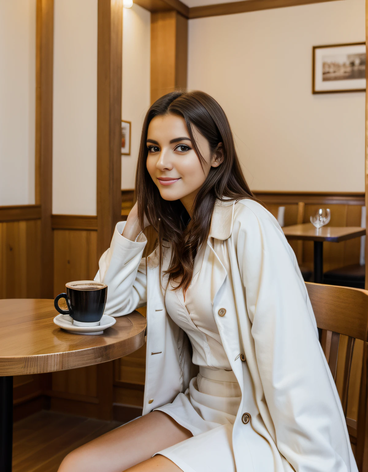 Spanish girl In Romania posing for a photo wearing a a long white coat, white shirt, seated at the table, drinking coffee in a cozy cafe