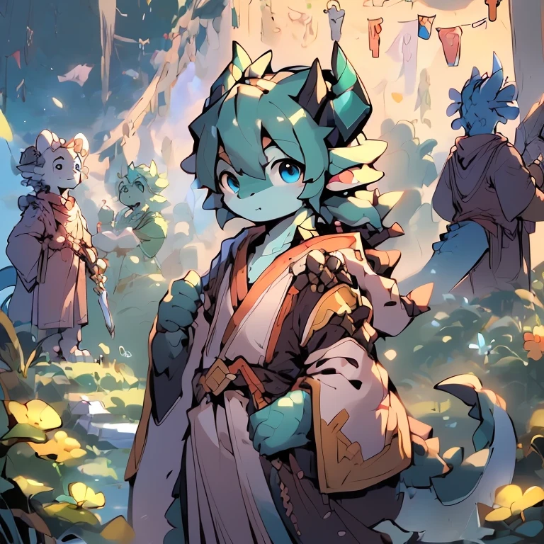 tmasterpiece，Best quality，male people，Dragons，Dragon's horn，Dragon tail，Turquoise colored hair，blue color eyes，Stood up，robe，long sword，golden squares floating around，，noble，depth of fields