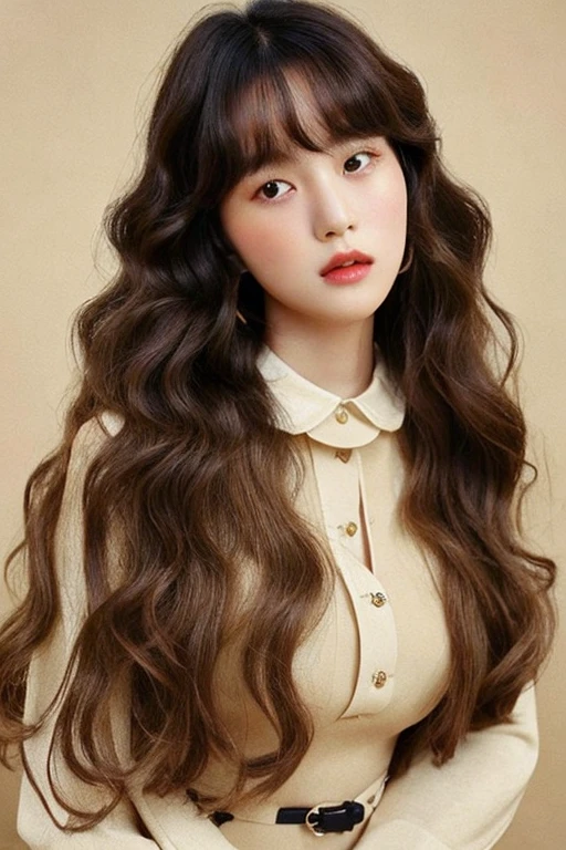 women are beige,a 20 yo woman、Pattsun bangs、long hair with big curls、natural make up、upperbody shot、1960s hairstyle、round collar black clothes、Vintage、antique、Retro、Fashion Editorial