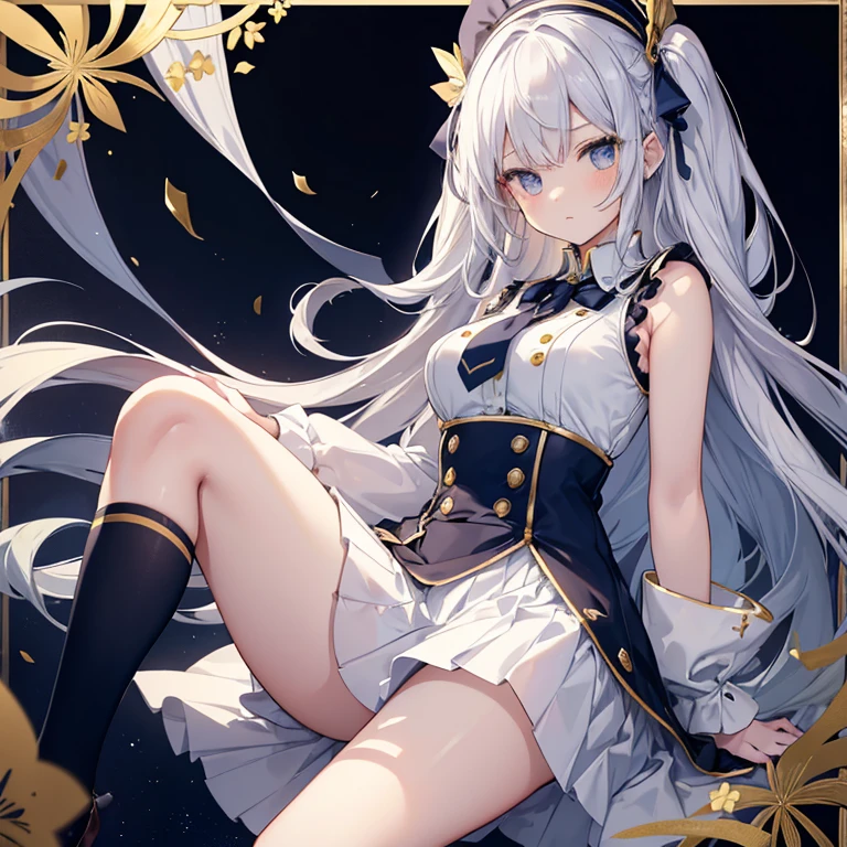 Portrait of a girl with long silver hair、Sleeveless, High collar white button front shirt、Navy cameo ribbon tie with gold trim、Dark blue cameo with golden border and white female silhouette.、Navy blue high waist flared miniskirt with bustier、lotus、drawers、The skin of white socks above the knee