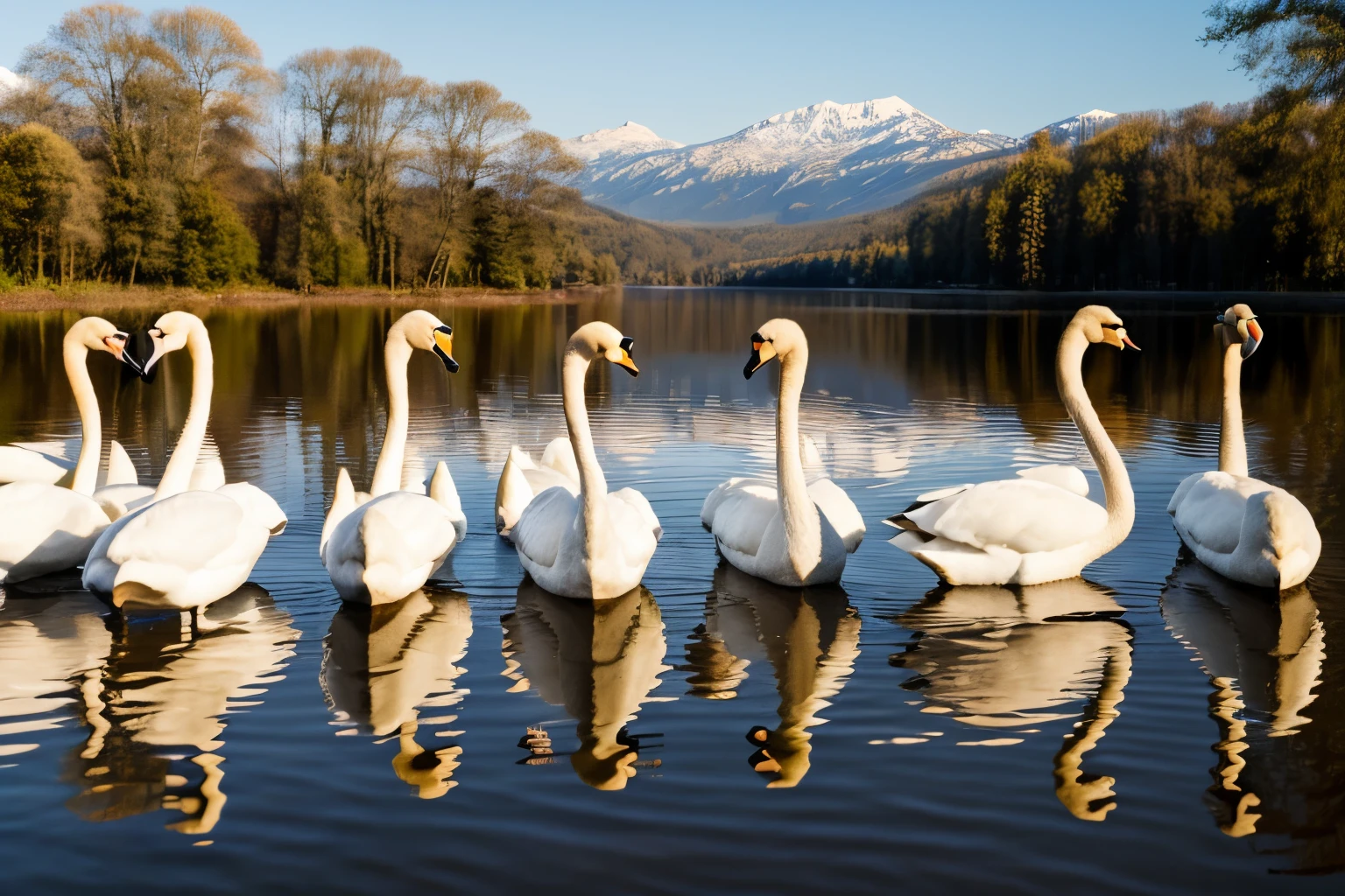 Seven swans all lined up on a rippled lake, landscape, highly detailed, high resolution