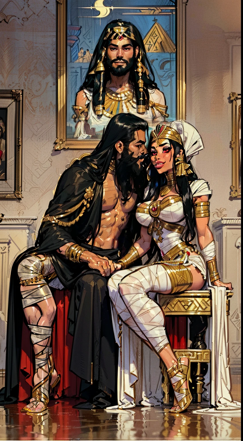 (masterpieceest quality, outstanding illustration, a couple kissing, soft focus, 1 latino man with long black hair and beard, RED EYES, 1 girl , Female mummy, gorgeous face, full body, Cleopatra, all bandaged, large breasts, generous neckline, mischievous smile, egypt romanticism, opulent and exquisite atmosphere, soft light and warm lighting.