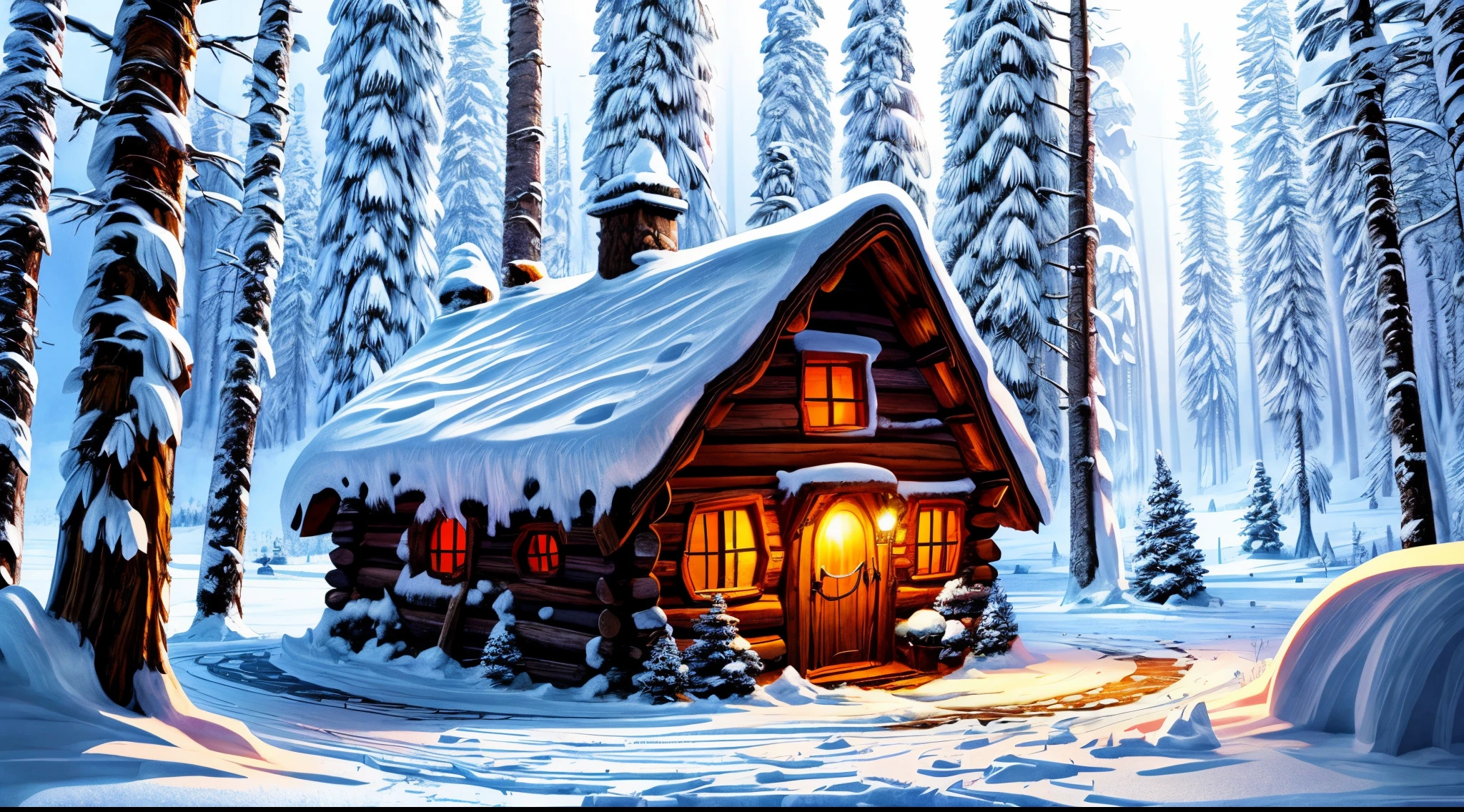 ((cartoon style)), a witch wooden hut in winter forest in the center of the image , (winter day), illustration for children, masterpiece, blizzard in the background, winter, falling snow, detailed, intricate, 4k, art