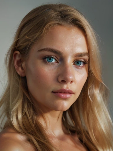 A photorealistic portrait of a insanely beautiful lightly tanned European woman with light make-up, beautiful long blonde hair, extremely detailed light blue eyes, sexy woman, 18 years old, detailed symmetric realistic face, full lips, extremely detailed natural texture, peach fuzz, long messy blonde windy hair, masterpiece, absurdres, award winning photo by Francesco Scavullo, nikon d850 film stock photograph, kodak portra 400 camera f1.6 lens, extremely detailed, amazing, fine detail, rich colors, hyper realistic lifelike texture, dramatic lighting, unrealengine, trending on artstation, cinestill 800 tungsten, looking at the viewer, photo realistic, RAW photo, TanvirTamim, high quality, highres, sharp focus, extremely detailed, cinematic lighting, 8k uhd
