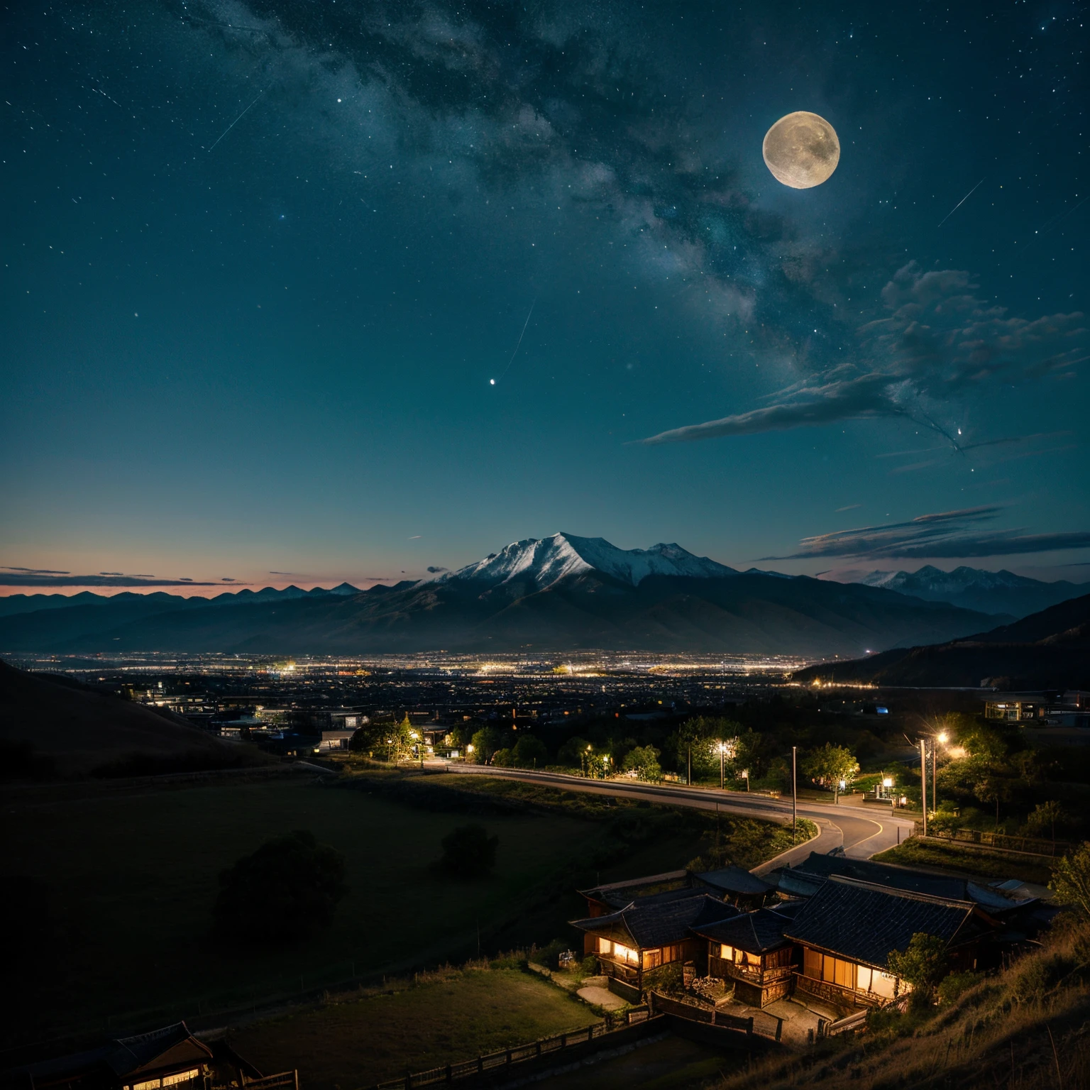 Do tomioka on your back in a landscape with mountains in the starry night with the full moon