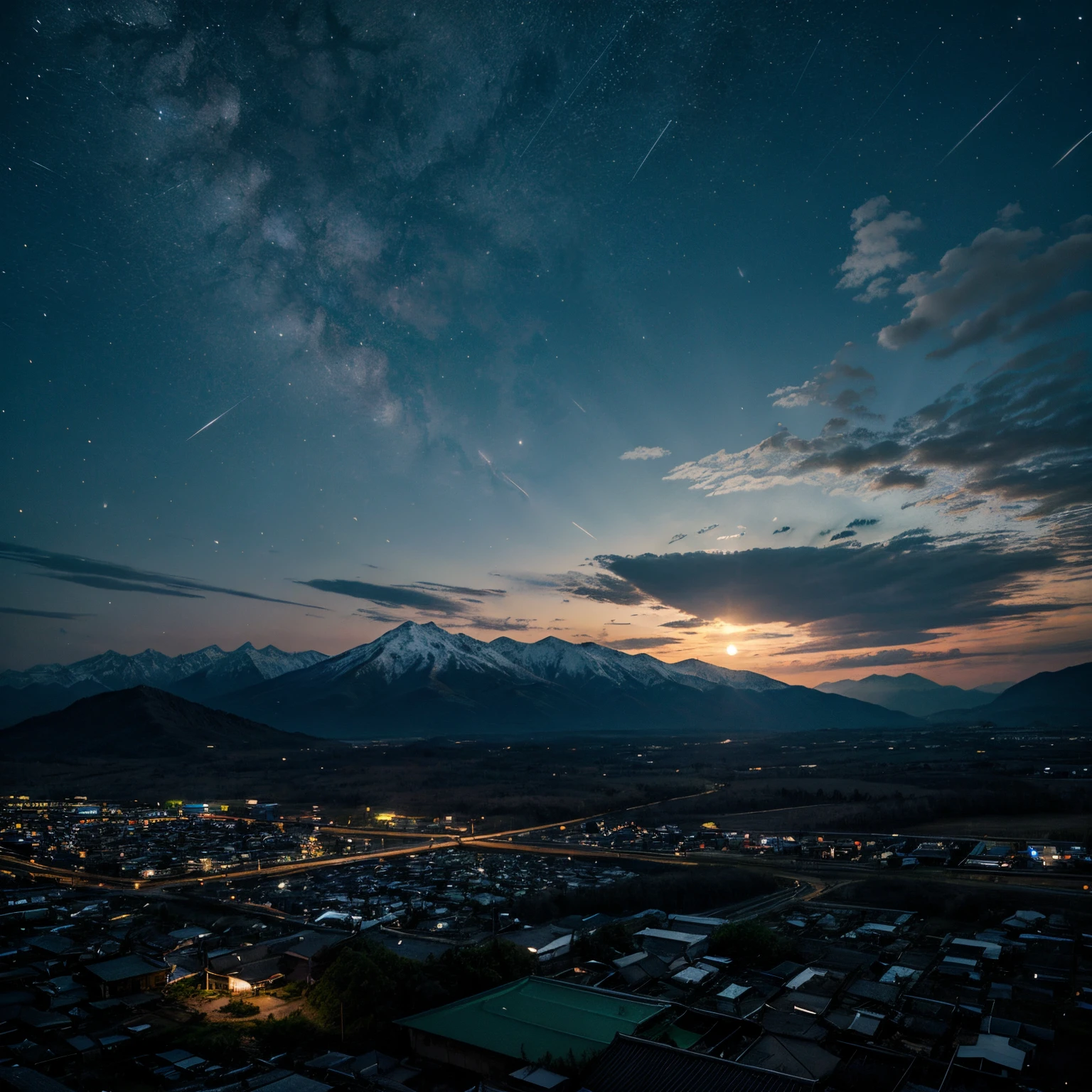 Do tomioka on your back in a landscape with mountains in the starry night with the full moon