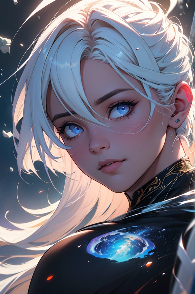Foto de cor RAW altamente detalhada, mulher jovem bonita, cabelos loiros curtos, dynamic pose, (quadris largos), (pele detalhada), (Detailed lips), (Olhos detalhados), (cosmico: 1.4), (necropolis: 1.1), (sci-fi landscape) (Rosto detalhado), (Curvy), Roupas vermelhas, Olhos detalhados, chromatic aberration, profundidade de campo, soft lighting, master part, best quality, intricaens reflection: 0.7), (flowering: 0.7), particle effects, ray tracing,  Mapeamento de tons, altamente detalhado, arte conceitual, liso, foco nítido, dramatic lighting, arte altamente detalhada, cinemactic, pintura hiper-realista, trending on ArtStation, 8k, incredible shadows, Realistic, (Antecedentes altamente detalhados: 1.2), Arte no meio da jornada