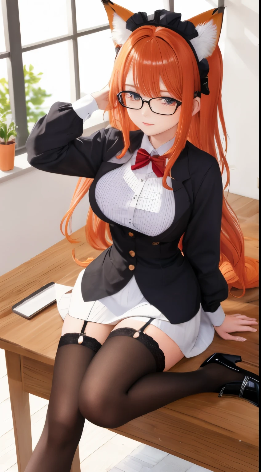 anime girl, 1 person, orange hair, glasses, Crown,maid,fox ear, Fox's tail, front view, big breasts, tights, sitting on desk,exposed chest, underwear, maid suit, shy, blushing, lifting skirt , bright sky, sitting cross-legged, high heels,exposed chest, underwear, middle-aged women, blushing, lifting skirt, showing off underwear, (full HD 4K+ image