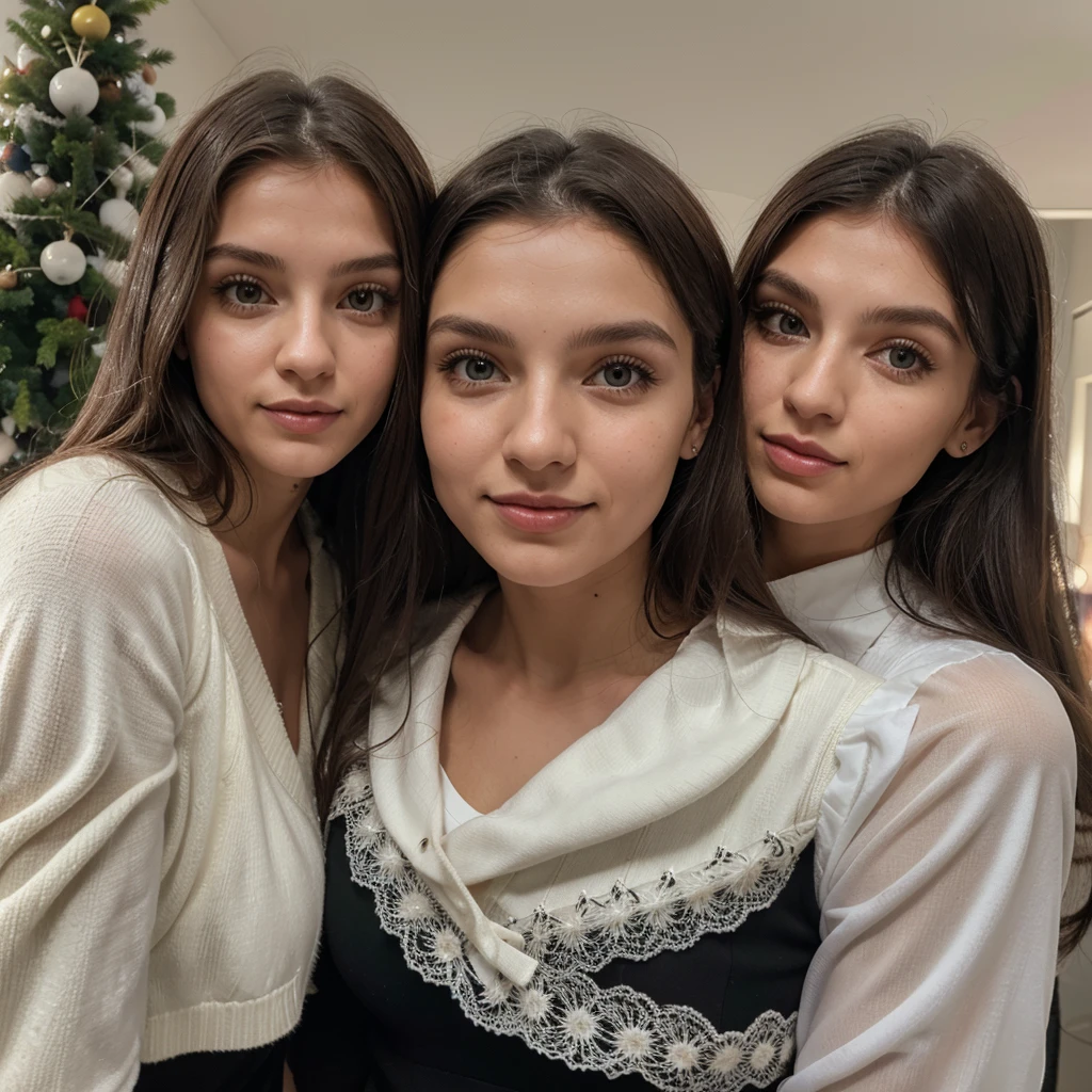 Ragazza vestita, modella Italo brasiliana, capelli castani, riccia e occhi verdi, pelle mulatta, labbra carnose, magra ma non troppo, seno taglia terza, in mezzo alla neve che sorride