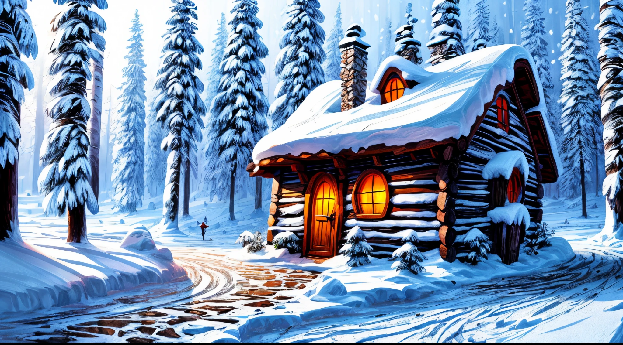 ((cartoon style)), a witch wooden hut in winter forest in the center of the image , (winter day), illustration for children, masterpiece, blizzard in the background, winter, falling snow, detailed, intricate, 4k, art