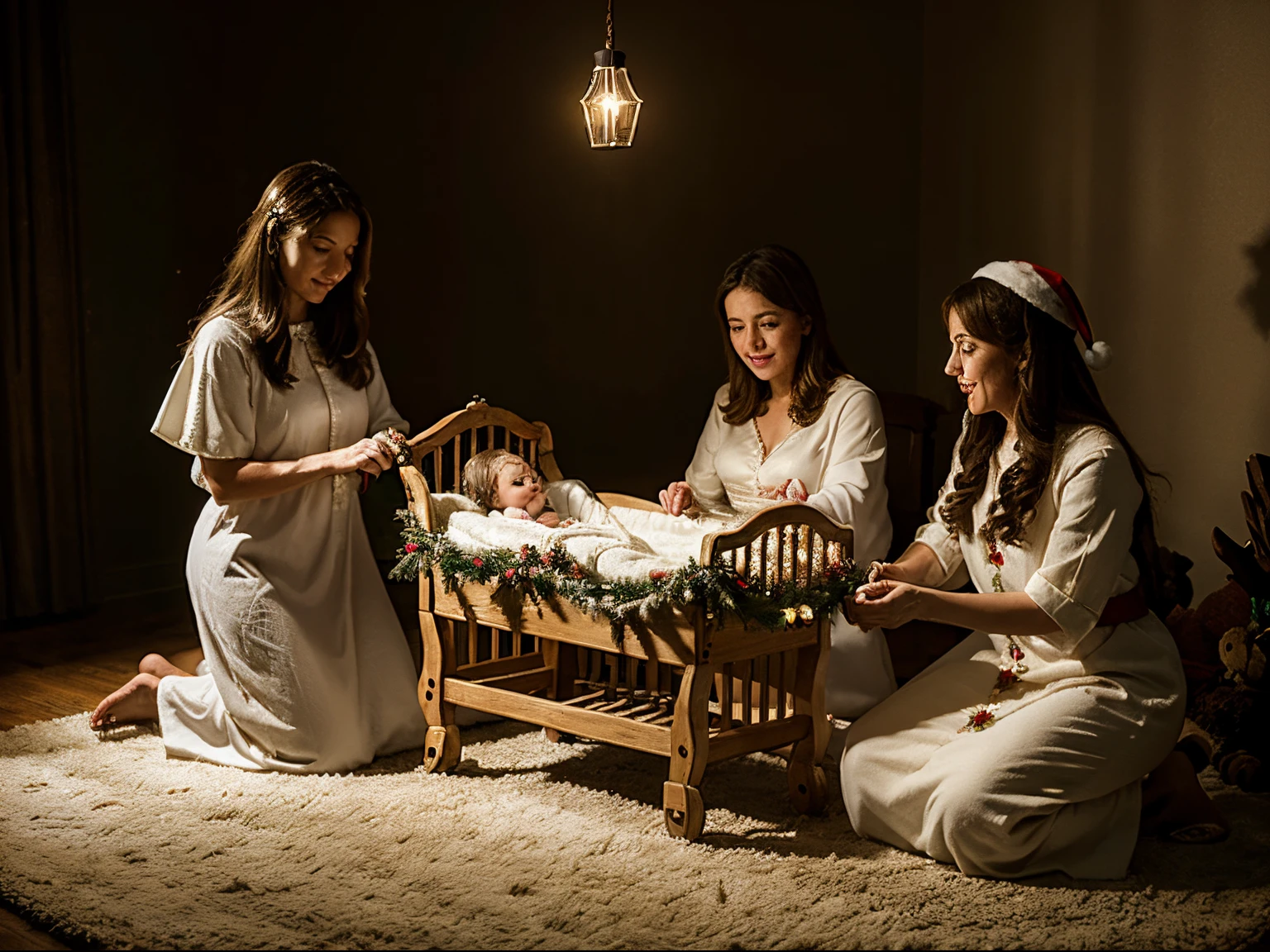 Christmas spirit wonderland with angels a Crib, Mary and Joseph