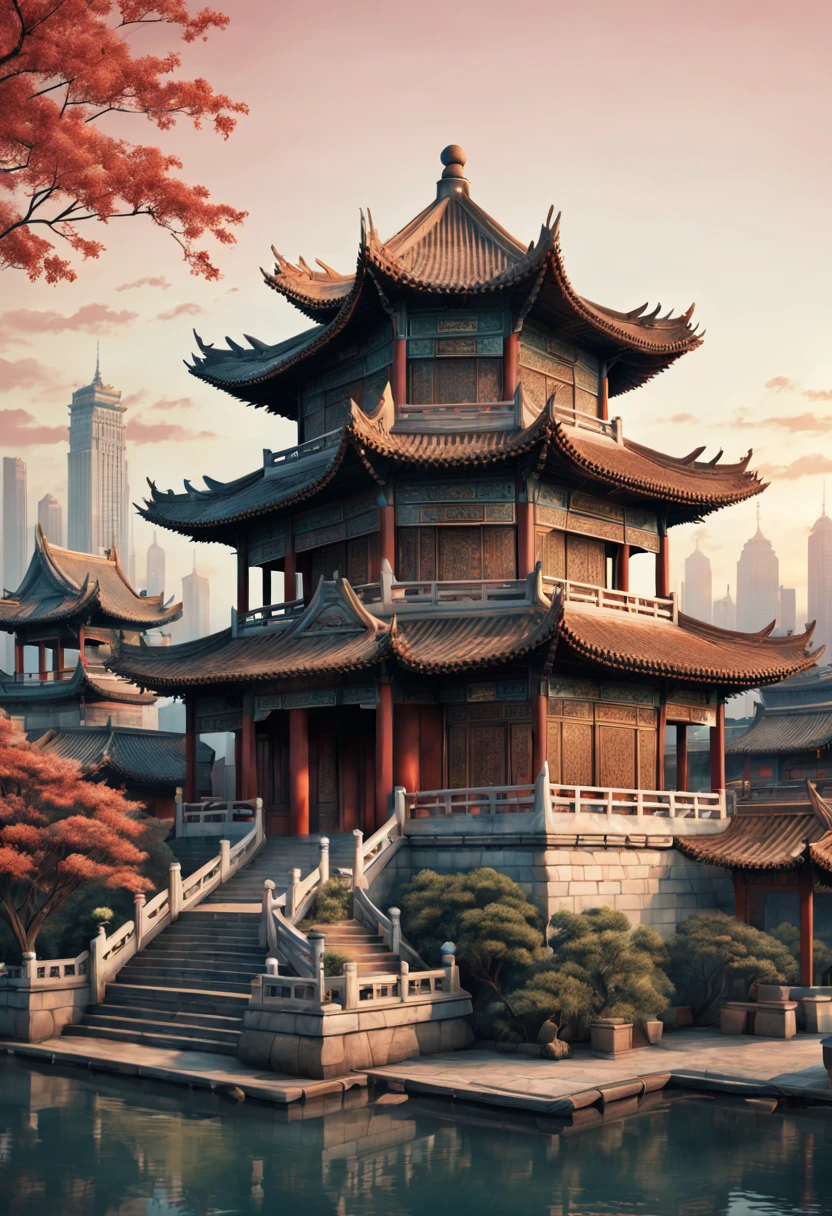 A postcard of the Chinese architecture on the front side. (best quality, highres:1.2), ultra-detailed, professional, vivid colors, portraits, landscape, concept artists, sharp focus, HDR, studio lighting. [line drawing, vintage style], (delicate, intricate, fine) line work, (elegant, regal) architecture, (captivating, breathtaking) skyline, [nostalgic vibes, faded colors], warm color palette, (natural, soft) lighting, [antique texture, old-fashioned appearance],(Printed wireframe logo with stamp location and recipient、Name format).