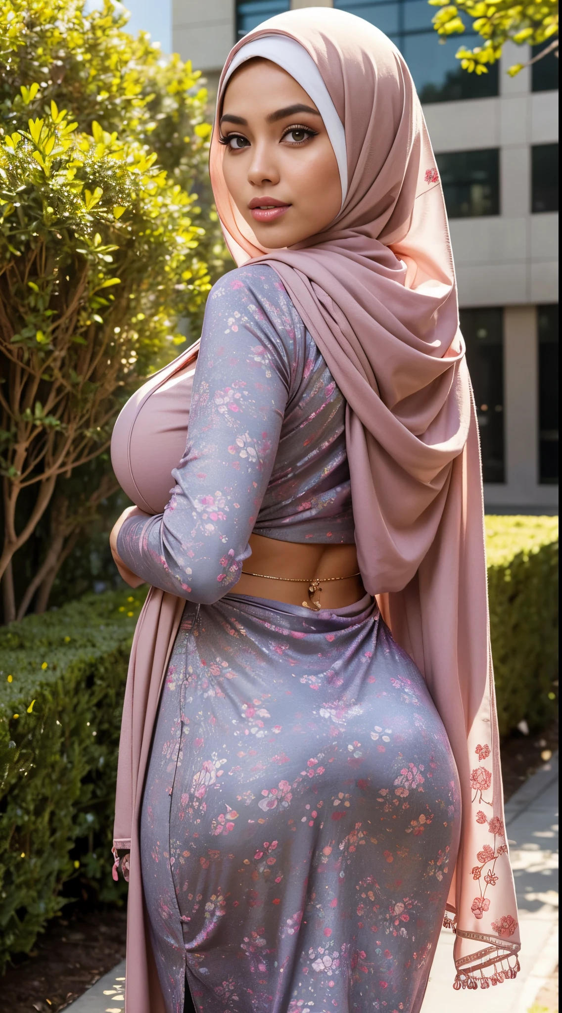 RAW, Best quality, high resolution, masterpiece: 1.3), beautiful Malay woman in hijab,Masterpiece, perfect slim fit body, (Huge breasts), big gorgeous eyes, Soft smile, Delicate turtleneck print sun dress, necklace, shairband, afternoon walk, City garden, Excellent lighting, Bright colors,beautiful buttocks, from behind, (looking at the audience, looking back, facial details, double eyelids,