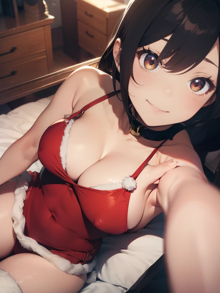 ultra-quality, ultla highres, Hyper Detailed, High contrast, Ultrafine Strike, creative refinement,A dark-haired,ssmile,Santa Claus Costume,Show cleavage,livingroom,5 fingers