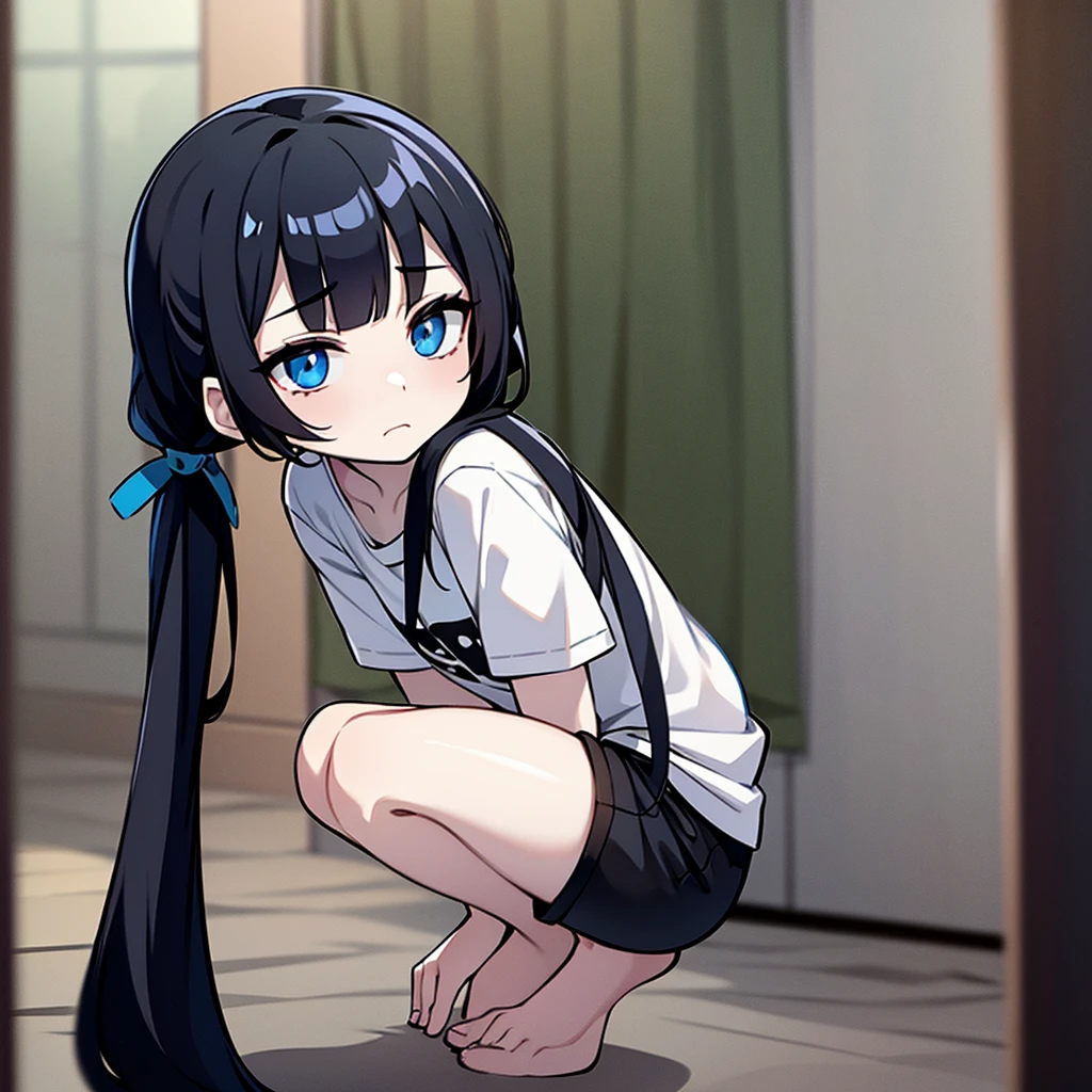 Pale skin, blue eyes, long pigtails, T-shirt and shorts, shy expression, black hair, long pigtails, black hair, loli