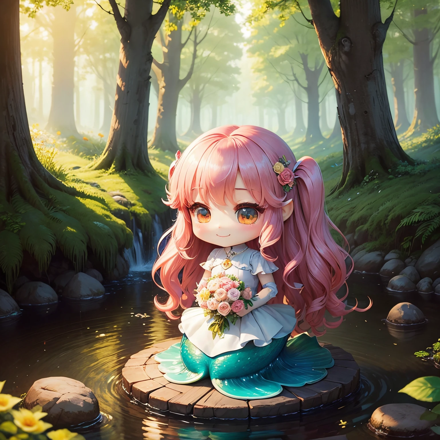 masterpiece、top-quality、ultra-detailliert、(Chibi Chara:4 1.2)、Rainbow Mermaid、fairy tale forest lake、A smile、Bouquet of roses、Dazzling sunlight filtering through the trees