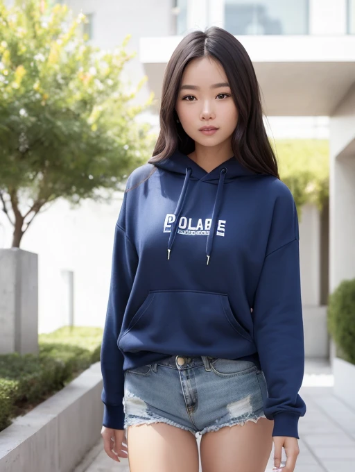 a beauty girl、photorealistic picture、Photo like image quality、Photorealistic face、Realistic body、detailed skin textures、A hyper-realistic、Top image quality、An ultra-high picture quality、see the beholder、8K、hight resolution、The whole body is reflected、profetional lighting、Attractive thighs and beautiful leg lines、Smooth knees、Denim Bikini Shorts、Long sleeve hoodie、Walking、Walk with Maltese dog、walkway