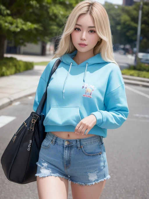 a beauty girl、photorealistic picture、Photo like image quality、Photorealistic face、Realistic body、detailed skin textures、A hyper-realistic、Top image quality、An ultra-high picture quality、see the beholder、8K、hight resolution、The whole body is reflected、profetional lighting、Attractive thighs and beautiful leg lines、Smooth knees、Denim Bikini Shorts、Long sleeve hoodie、Walking、Walk with Maltese dog、walkway