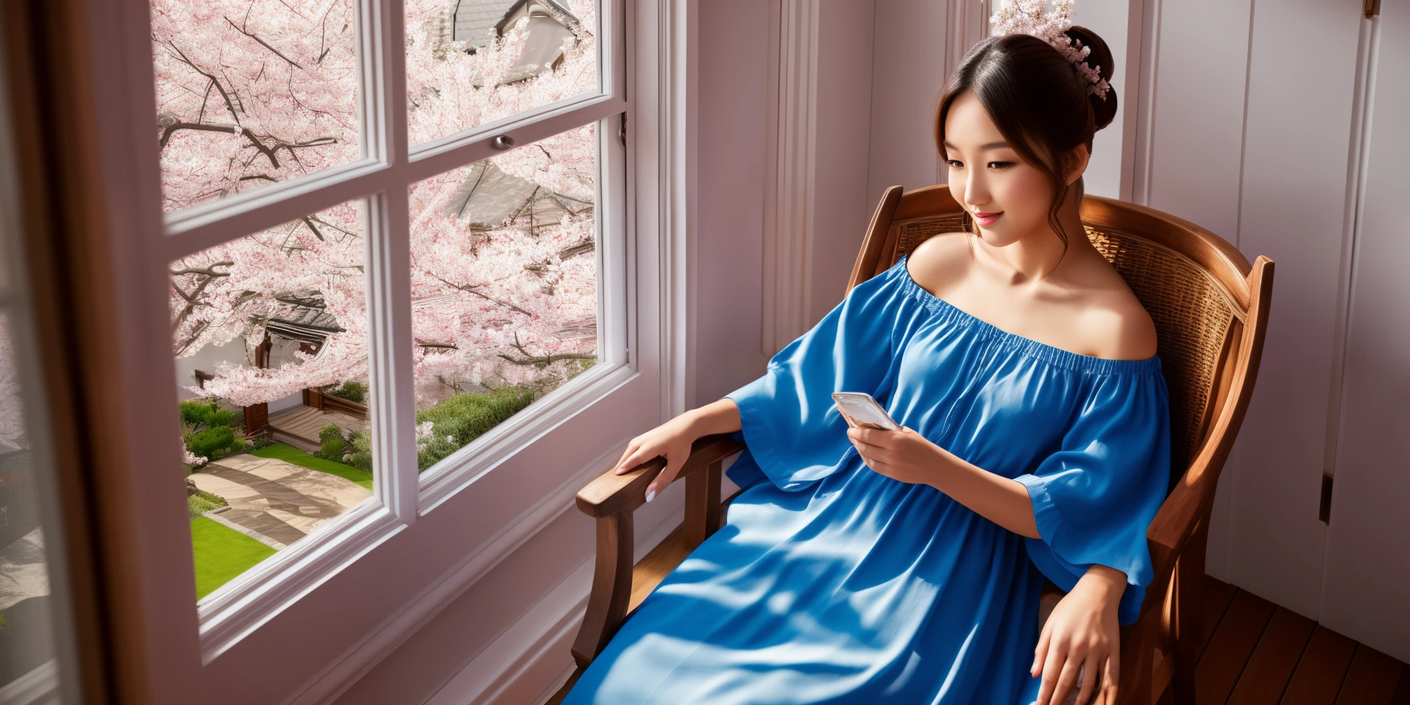 photorealistic cute woman in a blue dress  sitting in an armchair by the window with a wooden frame and a layout on the glass and looks out the window into the hall, sakura  blooming in the garden --auto --s2