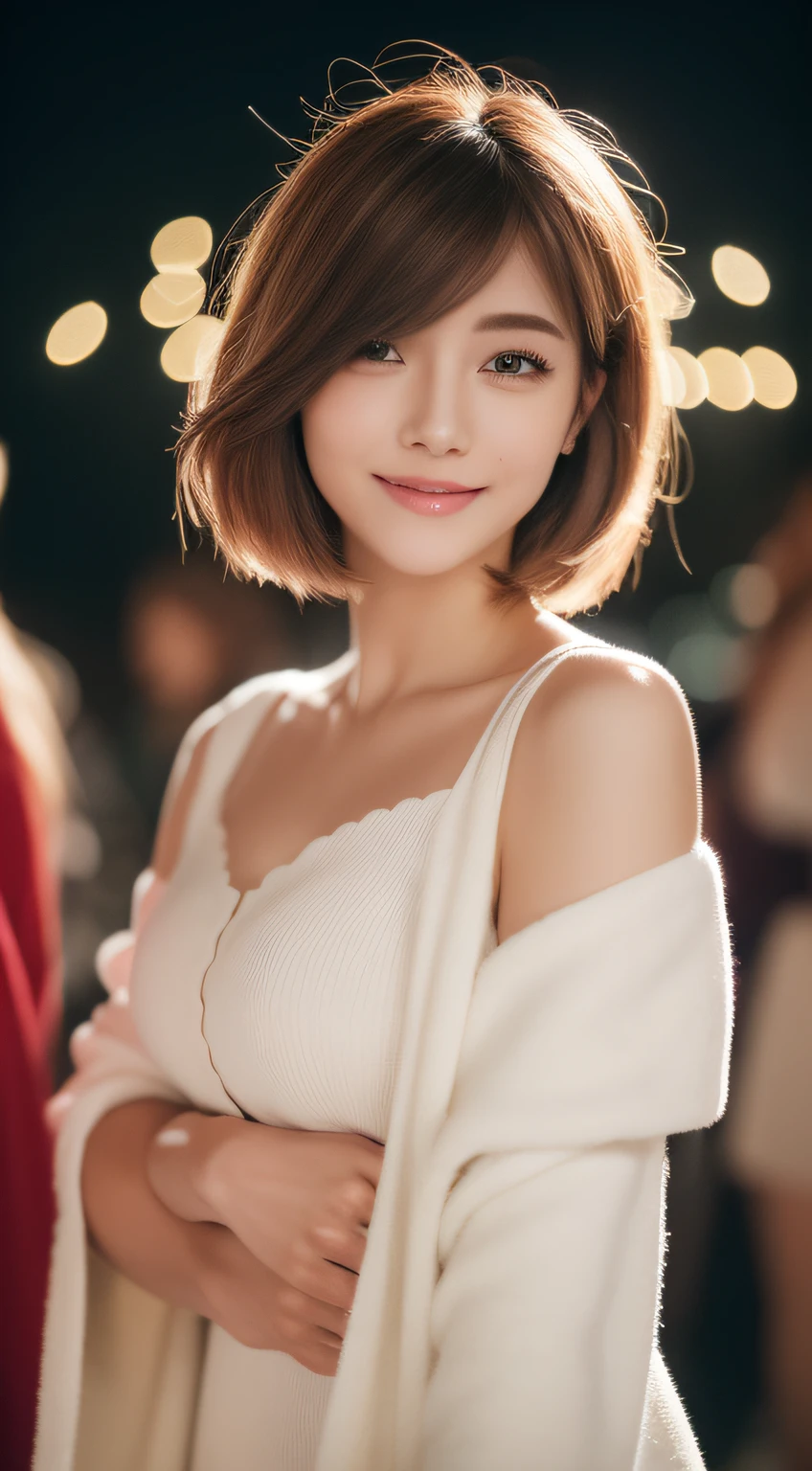 (photographed:1.2)、(Photorealsitic:1.4)、(masterpiece:1.3)、(top-quality:1.4)、超A high resolution、(A detailed eye)、(detailed facial features)、(detailed clothes features)、8K分辨率、solofocus、double eyelids beautiful lips、toned legs、(Slender girl)、(a japanese girl)、(Japan Faces)、1 girl in、Slim Beauty:1.3、(((Hair color ash)))、Delicate hair、nighttime scene、illuminations、Christmas tree on background、long red dress、white longcoat、long boots、Realistic body、de pele branca、Slim body、(short-hair:1.3)、(bangss: 1.2)、Bruising smile、kawaii faces、Lifelike face、Delicate body、((sexy pose))、stunning lighting