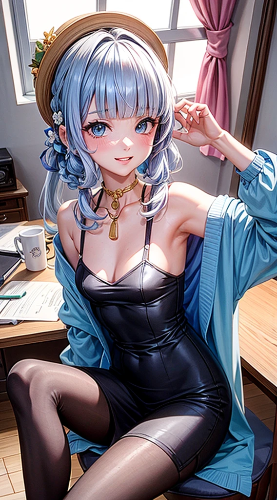 Character Details:, - Gender: 1 Girl. - Style: Anime, - Body Type: Attractive body, slim body, nice legs, slim tights, nice arms, nice shoulders. - Breast: ((Small Breast:1,5)), Show Cleavage. - Facial Feature Beautiful, Gorgeous, Teenager, Fresh, Young. - Expression: Smile, Pink Blush on Face, Sexy Eyes, Sexy Look, Innocent Look, Tipsy. - Hairstyle: Blunt Bangs, Long Hair. - Hair Color: Light Blue Hair. - Clothing: off-shoulder, cardigan. - Body Pose: (Sitting). - Behaviour: Waiting, Want Something, Secretly. - Accessories: Earrings. Environmental Details:, - Setting: Office Room., - Lighting: Natural Light., - Decoration: Modern Office Desk, Chair, Window, White Curtain, City View. Top view.- Masterpiece, top quality, best quality, official art, beautiful, and aesthetic:1.2 - Fractal art:1.1, Colorful:1.1, Highest detailed:1.2, Zentangle:1.2 - Crisp details, Sharp lines, Rich textures, Fine craftsmanship:1.3 - High resolution, Meticulous rendering:1.2, POV, anime style, UHD, retina, masterpiece, accurate, anatomically correct, textured.