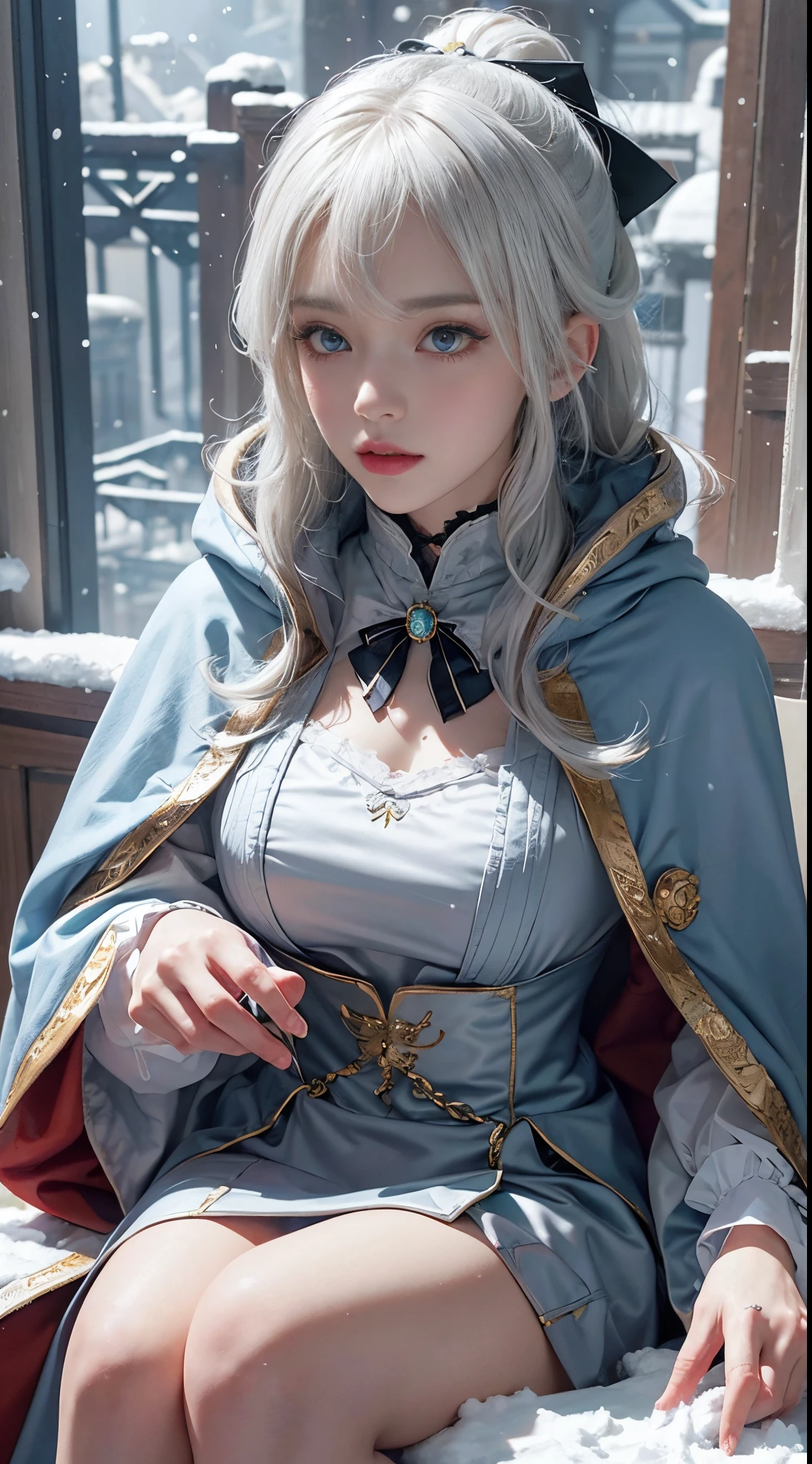 (8K),realistically, A high resolution, 1 Women, own, (gorgeous one,ta costume), pretty eyes, White hair, eye socket, (sitted,Cloak,blanketed in a mantle of snow),Ski slopelizzarding,