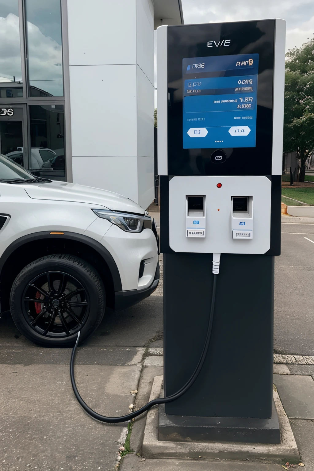 EV fast charger with two charging cables. Payment POS with 7inch display. modern look. can use for large trucks and small cars.