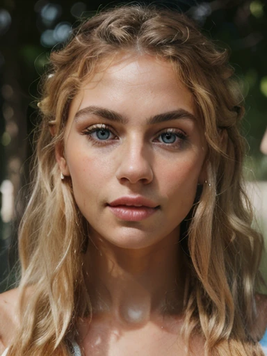A photorealistic portrait of a insanely beautiful lightly tanned European woman with light make-up, beautiful long blonde hair, extremely detailed light blue eyes, sexy woman, 18 years old, really cute, detailed symmetric realistic face, full lips, extremely detailed natural texture, peach fuzz, long messy blonde windy hair, masterpiece, absurdres, award winning photo by Francesco Scavullo, nikon d850 film stock photograph, kodak portra 400 camera f1.6 lens, extremely detailed, amazing, fine detail, rich colors, hyper realistic lifelike texture, dramatic lighting, unrealengine, trending on artstation, cinestill 800 tungsten, looking at the viewer, photo realistic, RAW photo, TanvirTamim, high quality, highres, sharp focus, extremely detailed, cinematic lighting, 8k uhd