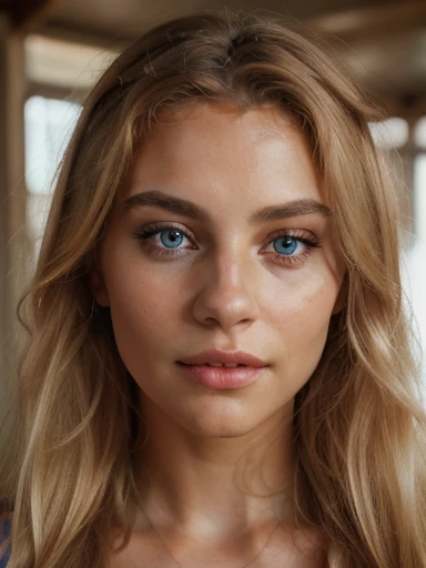 A photorealistic portrait of a insanely beautiful lightly tanned European woman with light make-up, beautiful long blonde hair, extremely detailed light blue eyes, sexy woman, 18 years old, really cute, detailed symmetric realistic face, full lips, extremely detailed natural texture, peach fuzz, long messy blonde windy hair, masterpiece, absurdres, award winning photo by Francesco Scavullo, nikon d850 film stock photograph, kodak portra 400 camera f1.6 lens, extremely detailed, amazing, fine detail, rich colors, hyper realistic lifelike texture, dramatic lighting, unrealengine, trending on artstation, cinestill 800 tungsten, looking at the viewer, photo realistic, RAW photo, TanvirTamim, high quality, highres, sharp focus, extremely detailed, cinematic lighting, 8k uhd
